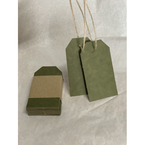 Recycled Swing Tags  40mm x 77mm (pack of 40). Colour - Olive and natural eco-brown.
