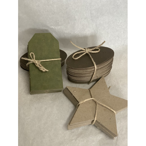 Recycled Swing Tags  40mm x 77mm (pack of 40). Colour - Olive and natural eco-brown.
