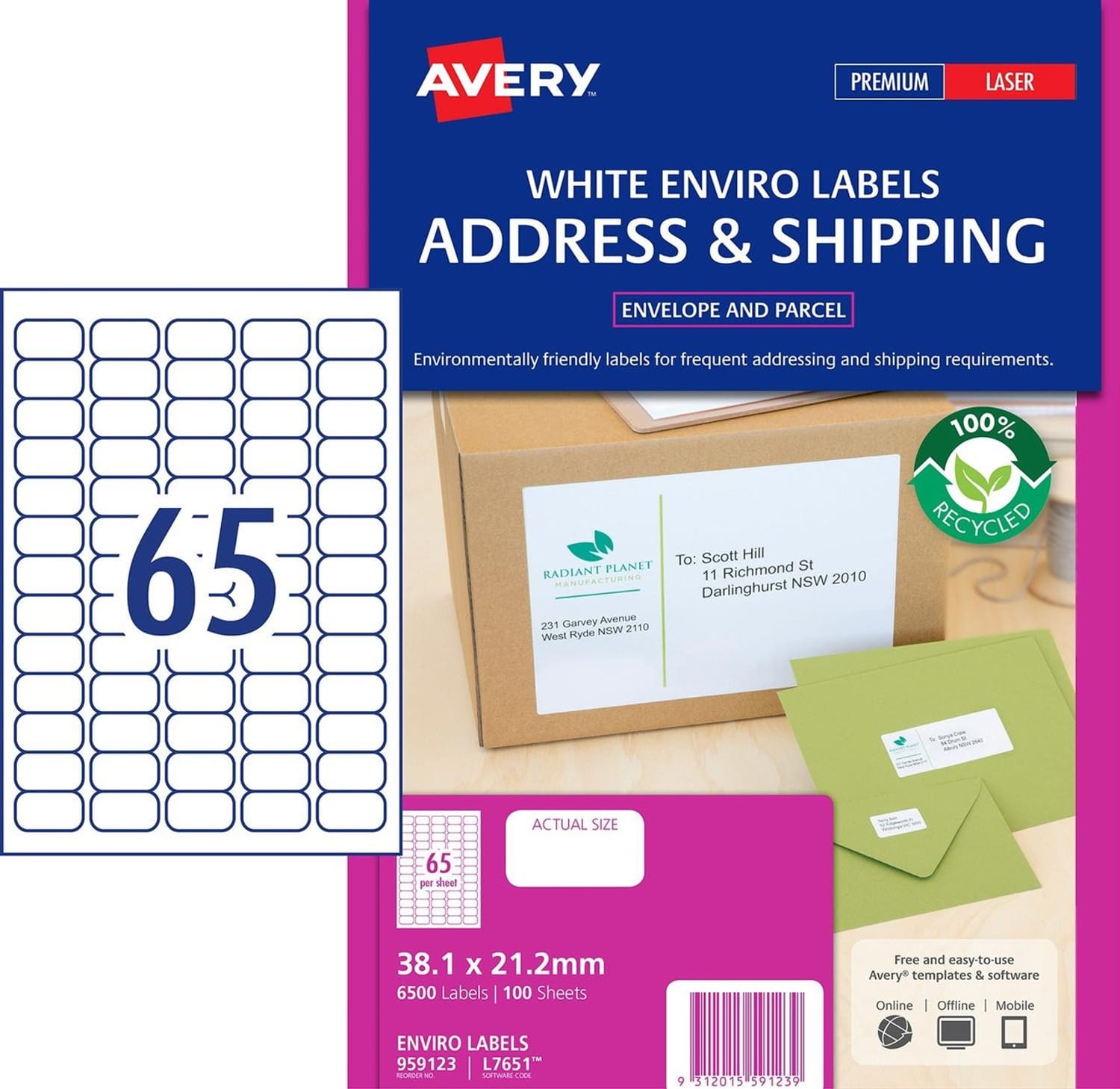 Recycled White Mailing Labels 65 per sheet