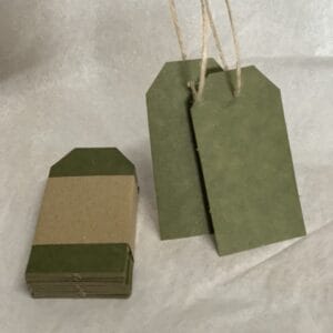 Recycled Swing Tags  40mm x 77mm (pack of 40). Colour - Olive and natural eco-brown.