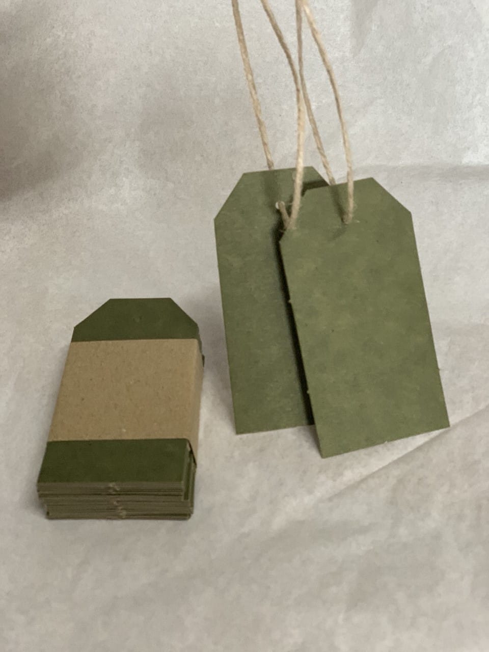 Recycled Swing Tags  40mm x 77mm (pack of 40). Colour - Olive and natural eco-brown.